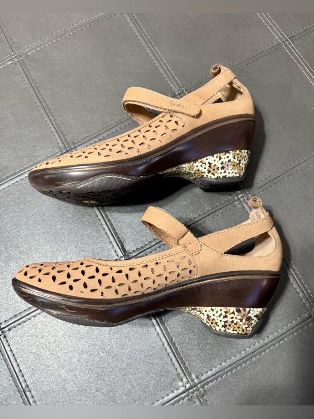 Jambu Tan Perforated Mary Jane Wedge Pumps